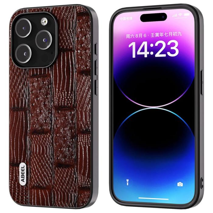 ABEEL - ABEEL iPhone 15 Pro Skal Mahjong Textur Äkta Läder Brun