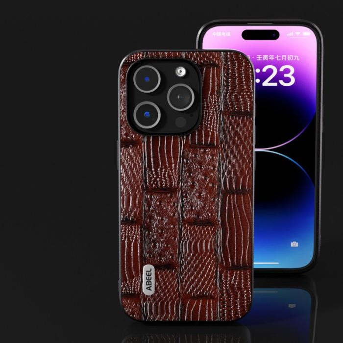 ABEEL - ABEEL iPhone 15 Pro Skal Mahjong Textur Äkta Läder Brun