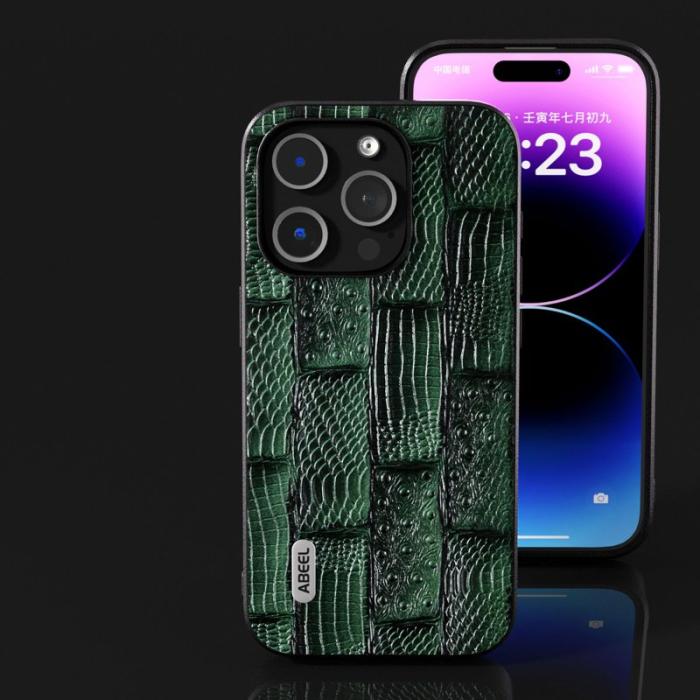 ABEEL - ABEEL iPhone 15 Pro Skal Mahjong Textur Grön äkta läder