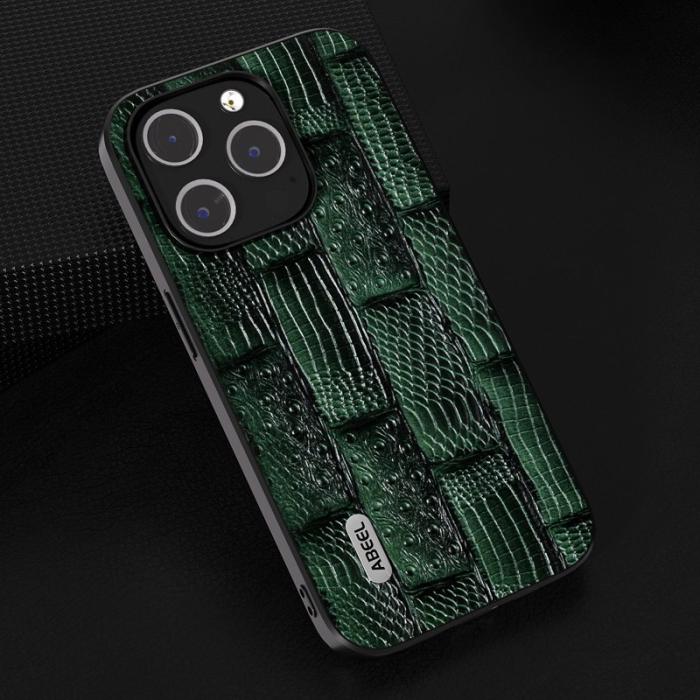 ABEEL - ABEEL iPhone 15 Pro Skal Mahjong Textur Grön äkta läder