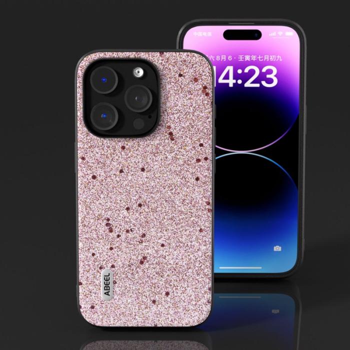 ABEEL - ABEEL iPhone 15 Pro Skal PU Läder Glitter Anti-drop Rosa