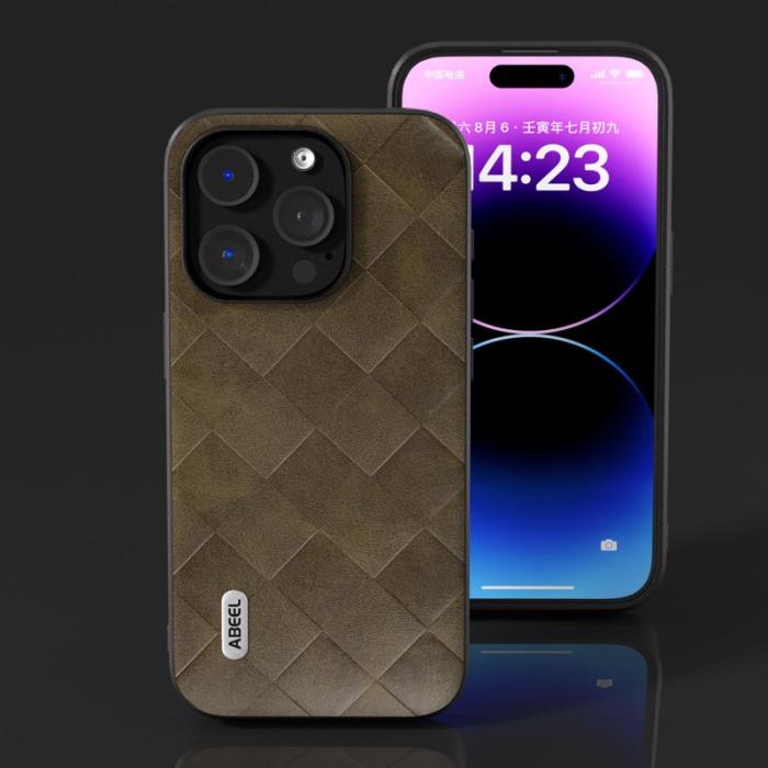 ABEEL - ABEEL iPhone 15 Pro Skal PU Läder Grön Drop-proof Grid Texture