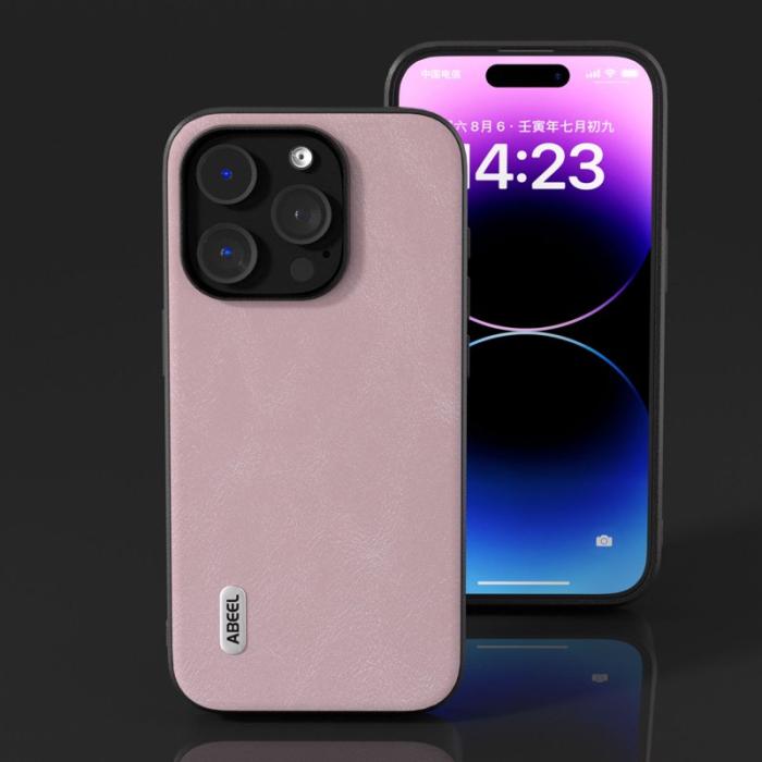 ABEEL - ABEEL iPhone 15 Pro Skal, Stöttålig Läder, Rosa