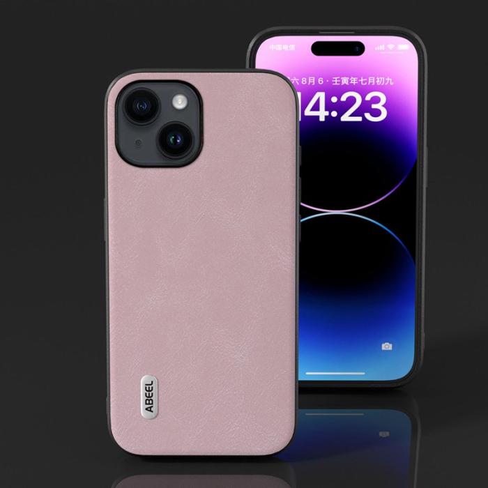 ABEEL - ABEEL iPhone 15 Skal, Läderlook PU + TPU, Anti-drop, Rosa