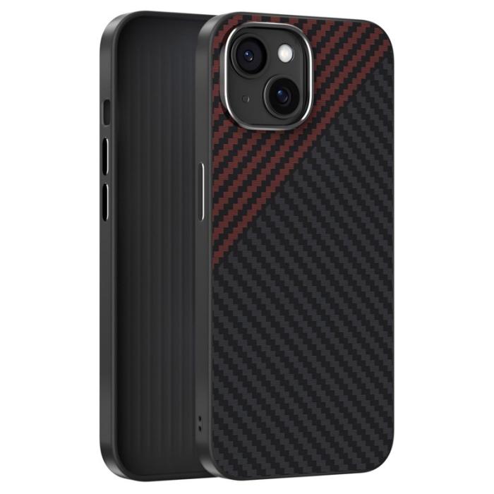 ABEEL - ABEEL iPhone 15 Skal MagSafe Kolfiber Svart/Röd