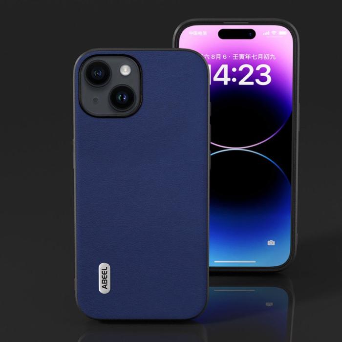 ABEEL - ABEEL iPhone 15 Skyddande Fodral Texturerad PU Läder Mörkblå