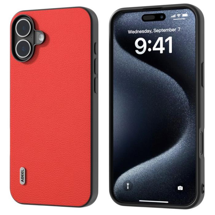 ABEEL - ABEEL iPhone 16 Fodral Äkta Läder + PC + TPU Röd