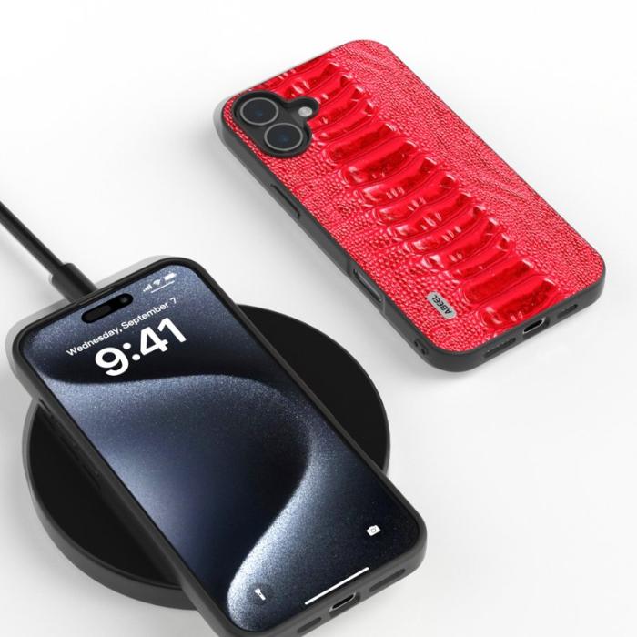 ABEEL - ABEEL iPhone 16 Fodral Krokodiltextur Äkta Läder Röd
