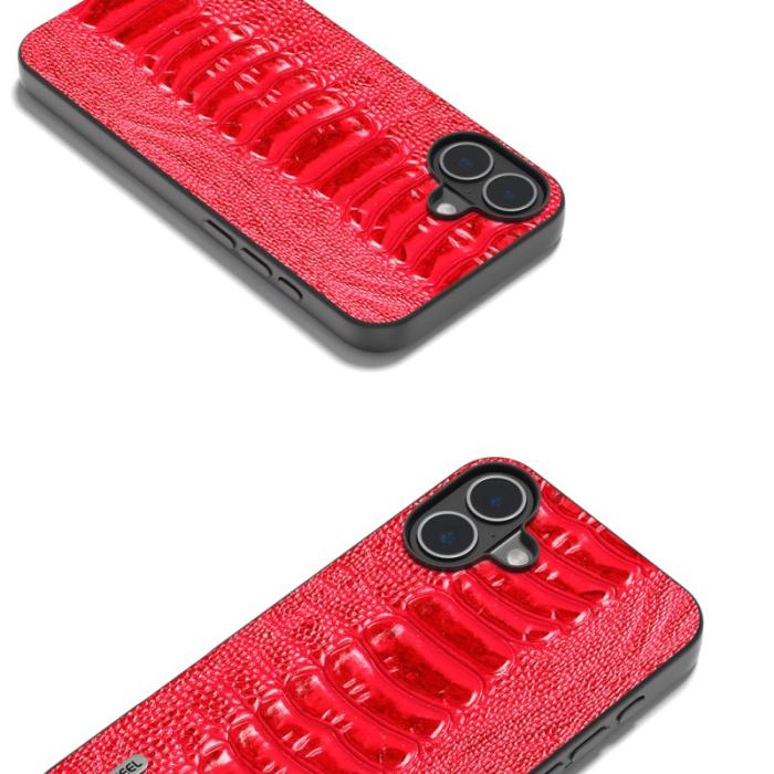 ABEEL - ABEEL iPhone 16 Fodral Krokodiltextur Äkta Läder Röd