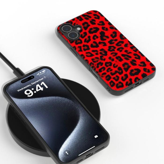 ABEEL - ABEEL iPhone 16 Fodral PU Läder Leopard Röd