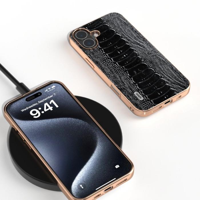 ABEEL - ABEEL iPhone 16 Plus Fodral Electropläterad Krokodil Läder Svart
