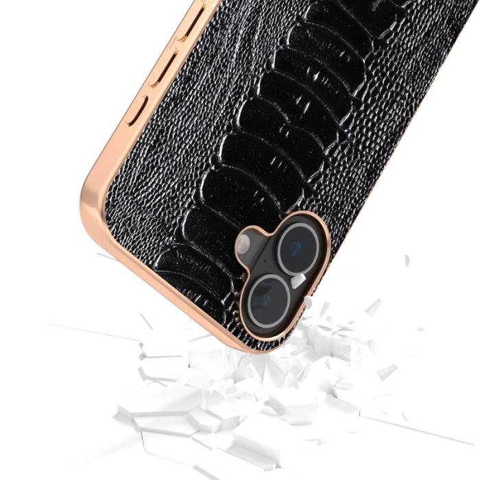 ABEEL - ABEEL iPhone 16 Plus Fodral Electropläterad Krokodil Läder Svart
