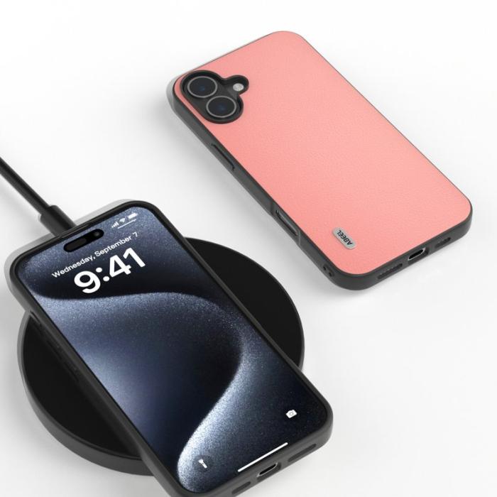ABEEL - ABEEL iPhone 16 Plus Skal Äkta Läder Anti-repor Rosa