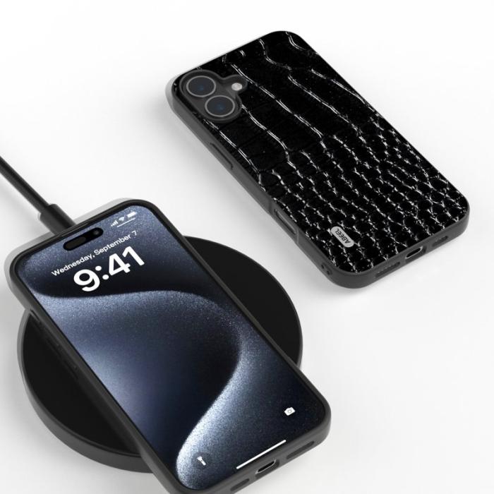 ABEEL - ABEEL iPhone 16 Plus Skal Äkta Läder Bakcover Krokodiltextur - Svart