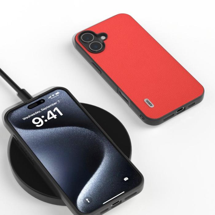 ABEEL - ABEEL iPhone 16 Plus Skal Äkta Läder Coated PC+TPU Röd