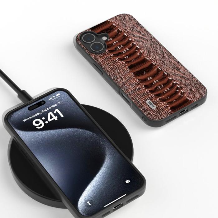 ABEEL - ABEEL iPhone 16 Plus Skal Äkta Läder Krokodil Textur - Kaffe