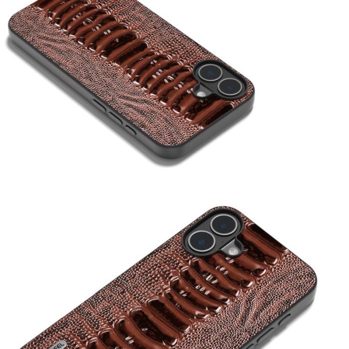ABEEL - ABEEL iPhone 16 Plus Skal Äkta Läder Krokodil Textur - Kaffe