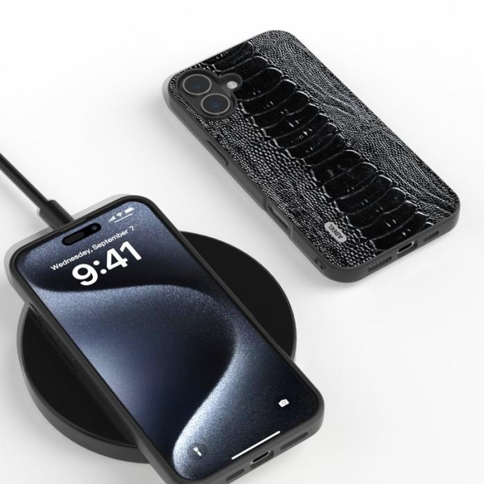 ABEEL - ABEEL iPhone 16 Plus Skal Äkta Läder Krokodiltextur Svart