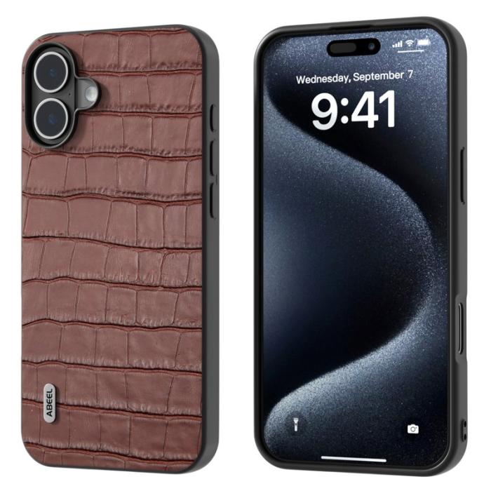 ABEEL - ABEEL iPhone 16 Plus Skal Äkta Läder + PC + TPU Droppskydd Brun