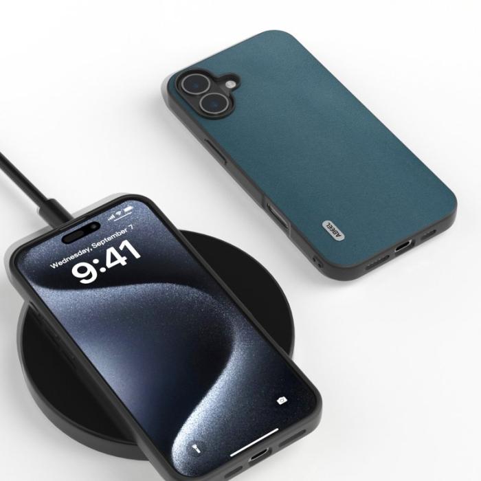 ABEEL - ABEEL iPhone 16 Plus Skal Äkta Läder + PC + TPU Skydd - Grön