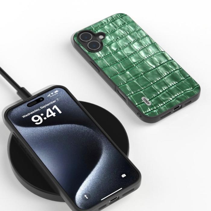 ABEEL - ABEEL iPhone 16 Plus Skal Äkta Läder + PC + TPU Stöttålig Grön
