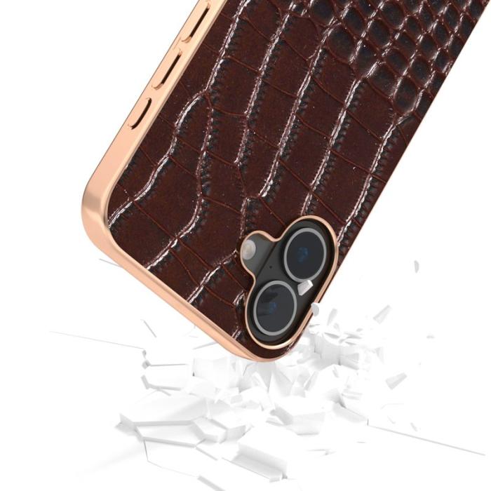 ABEEL - ABEEL iPhone 16 Plus Skal Electropläterad Krokodil Läder - Kaffe