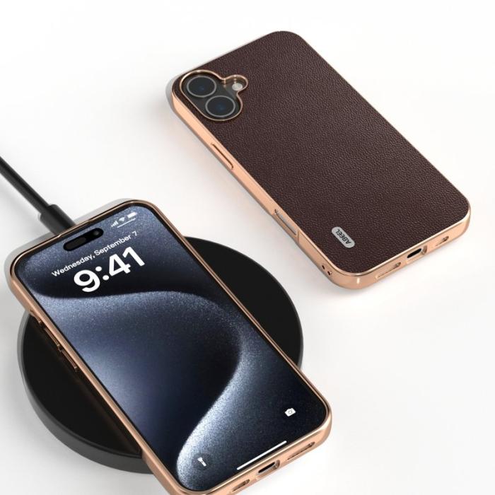 ABEEL - ABEEL iPhone 16 Plus Skal Electroplating Äkta Läder Brun