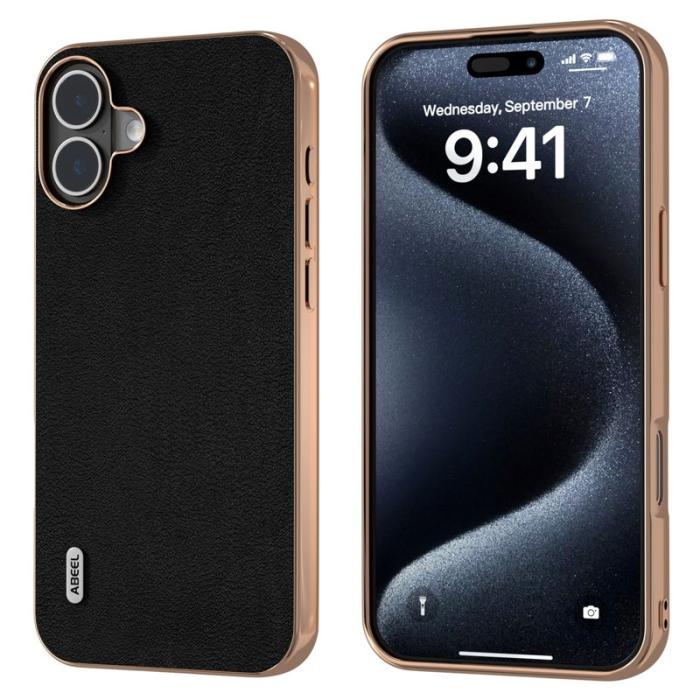 ABEEL - ABEEL iPhone 16 Plus Skal Electroplating Äkta Läder + PC + TPU - Svart