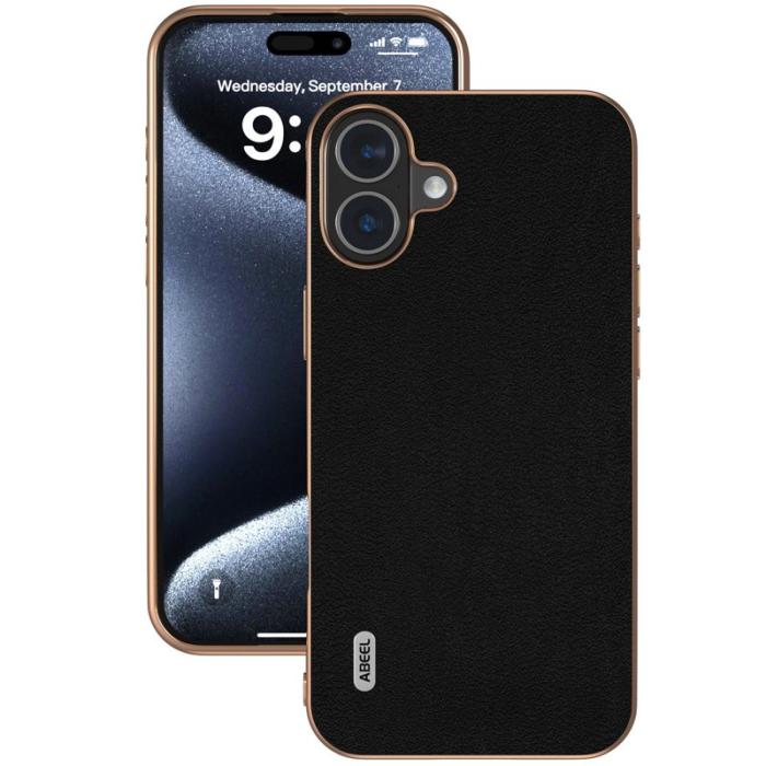 ABEEL - ABEEL iPhone 16 Plus Skal Electroplating Äkta Läder + PC + TPU - Svart