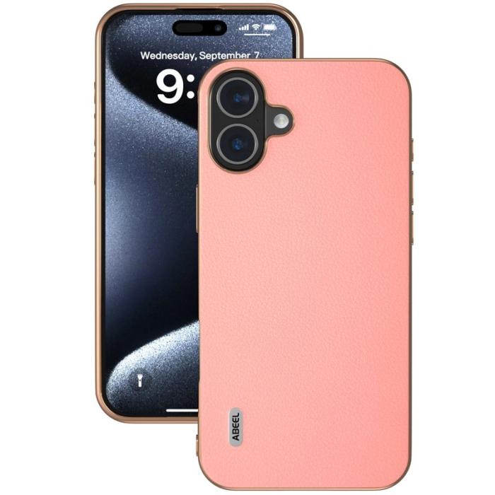 ABEEL - ABEEL iPhone 16 Plus Skal Electroplating Äkta Läder + TPU - Rosa