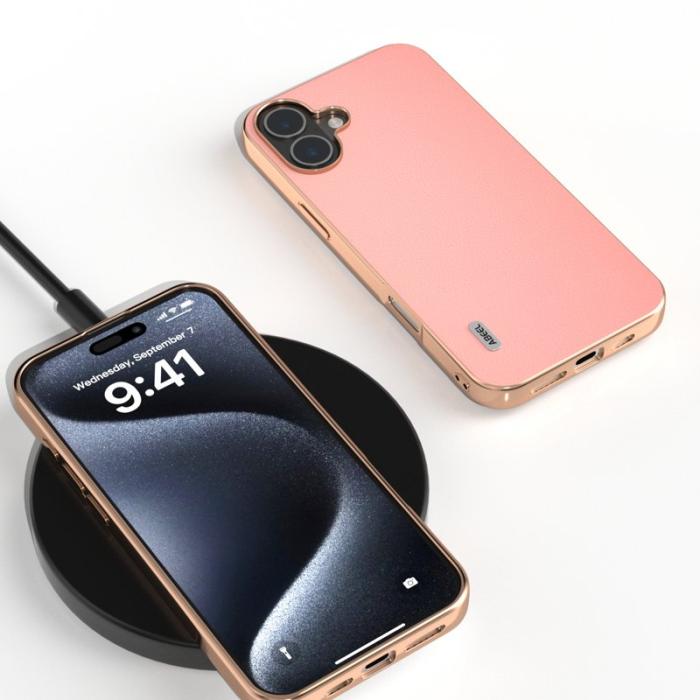 ABEEL - ABEEL iPhone 16 Plus Skal Electroplating Äkta Läder + TPU - Rosa