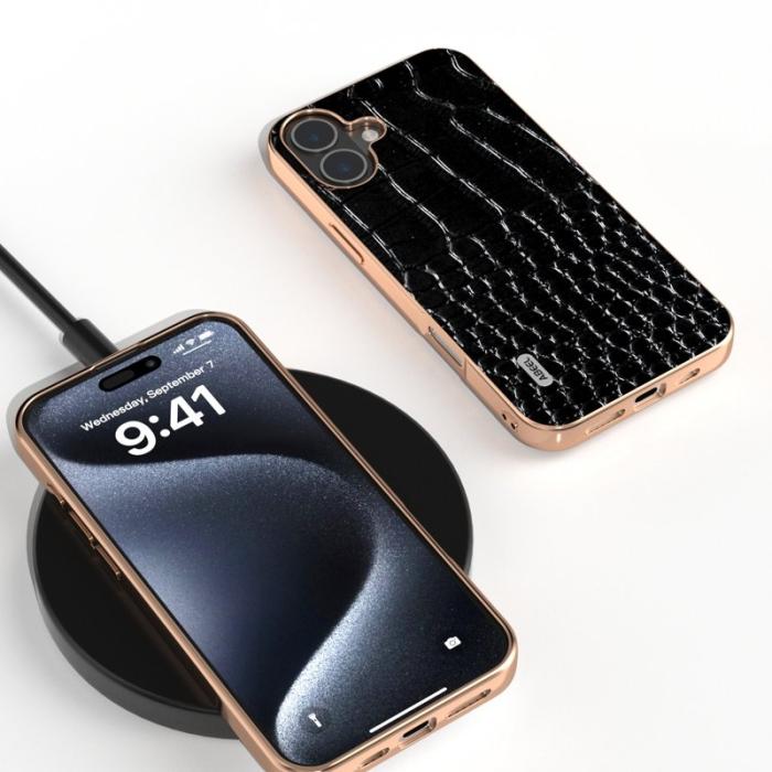 ABEEL - ABEEL iPhone 16 Plus Skal Electroplating Crocodile Läder - Svart