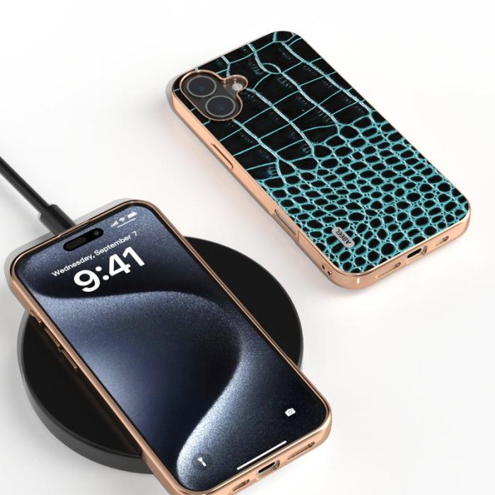 ABEEL - ABEEL iPhone 16 Plus Skal Electroplating Crocodile Midnight Green
