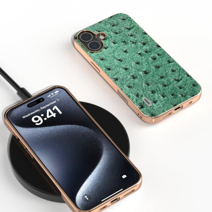 ABEEL - ABEEL iPhone 16 Plus Skal Electroplating Grön Ostrich Läder