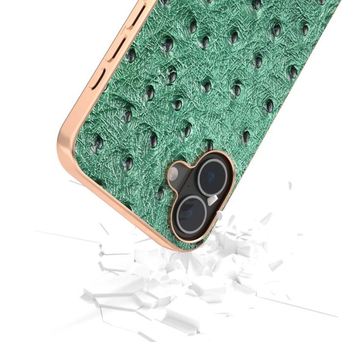 ABEEL - ABEEL iPhone 16 Plus Skal Electroplating Grön Ostrich Läder