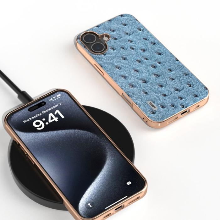 ABEEL - ABEEL iPhone 16 Plus Skal Electroplating Ostrich Läder Blå