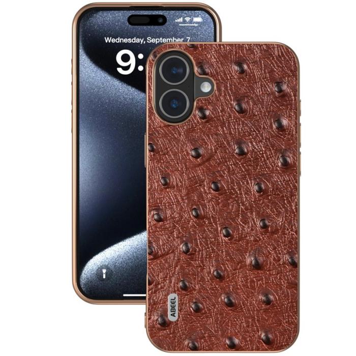 ABEEL - ABEEL iPhone 16 Plus Skal Electroplating Ostrich Läder - Kaffe