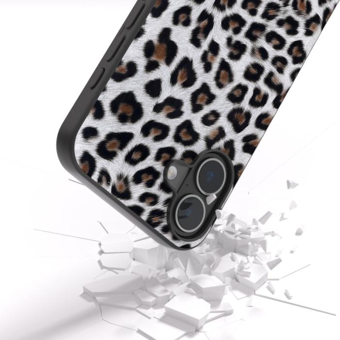 ABEEL - ABEEL iPhone 16 Plus Skal Leopardtryck Läder + TPU Silver