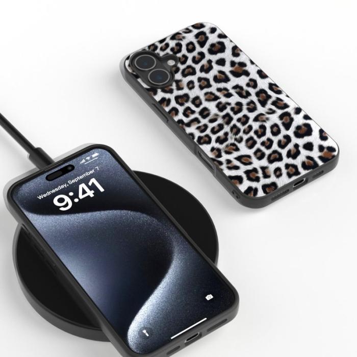 ABEEL - ABEEL iPhone 16 Plus Skal Leopardtryck Läder + TPU Silver