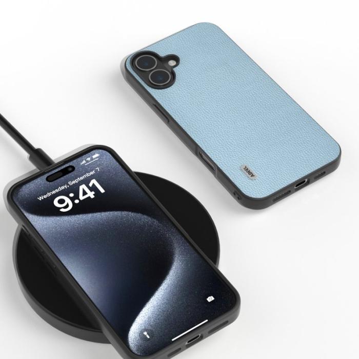 ABEEL - ABEEL iPhone 16 Plus Skal Litchi Textur Äkta Läder Baby Blue