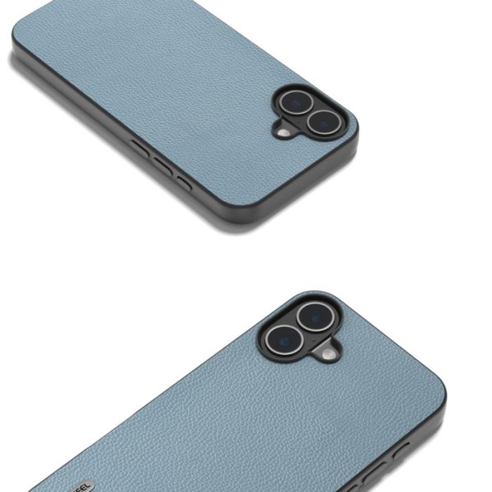 ABEEL - ABEEL iPhone 16 Plus Skal Litchi Textur Äkta Läder Baby Blue
