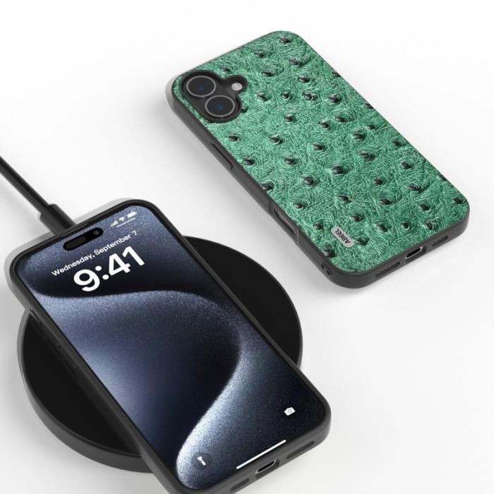 ABEEL - ABEEL iPhone 16 Plus Skal Ostrich Textur Äkta Läder Grön
