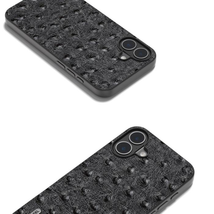 ABEEL - ABEEL iPhone 16 Plus Skal Ostrich Textur Äkta Läder Svart