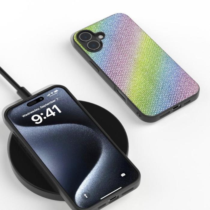 ABEEL - ABEEL iPhone 16 Plus Skal Rhinestone Textur Svart Kantskydd