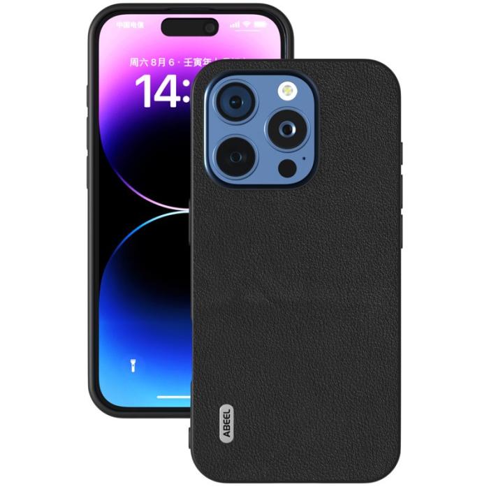 ABEEL - ABEEL iPhone 16 Pro Fodral Äkta Läder Anti-rep Svart