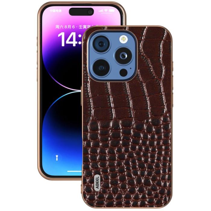ABEEL - ABEEL iPhone 16 Pro Fodral Äkta Läder Krokodil Textur - Kaffe