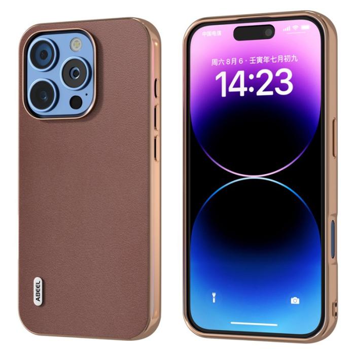 ABEEL - ABEEL iPhone 16 Pro Fodral Electroplating Äkta Läder - Kaffe