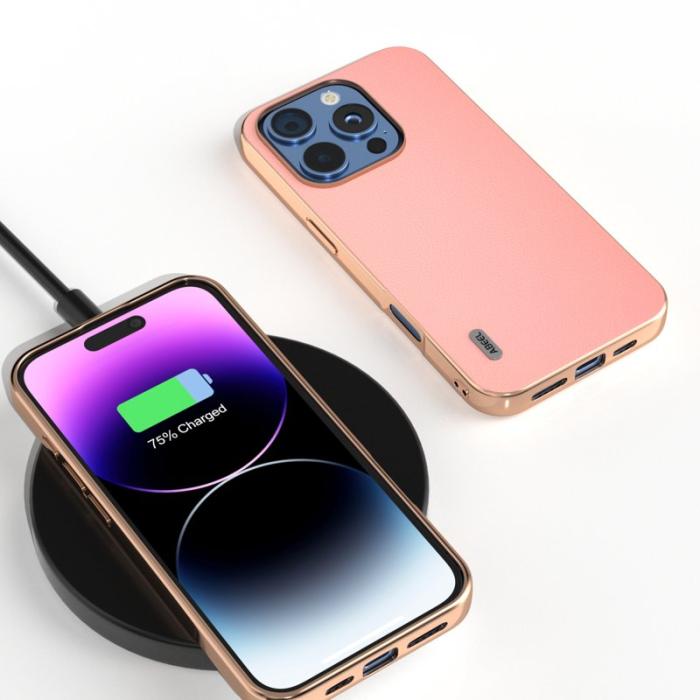 ABEEL - ABEEL iPhone 16 Pro Fodral Electroplating Kantskydd Läder Rosa