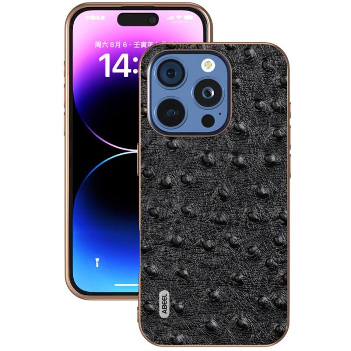 ABEEL - ABEEL iPhone 16 Pro Fodral Electroplating Ostrich Läder Svart