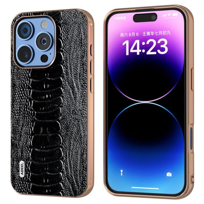 ABEEL - ABEEL iPhone 16 Pro Fodral Elektropläterad Krokodil Läder Svart